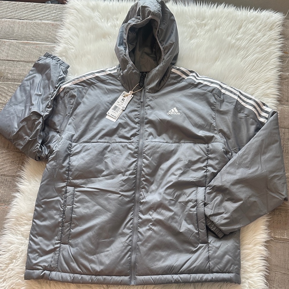 adidas Men’s Core Insulated Hooded Jacket Color Grey/White Size XL